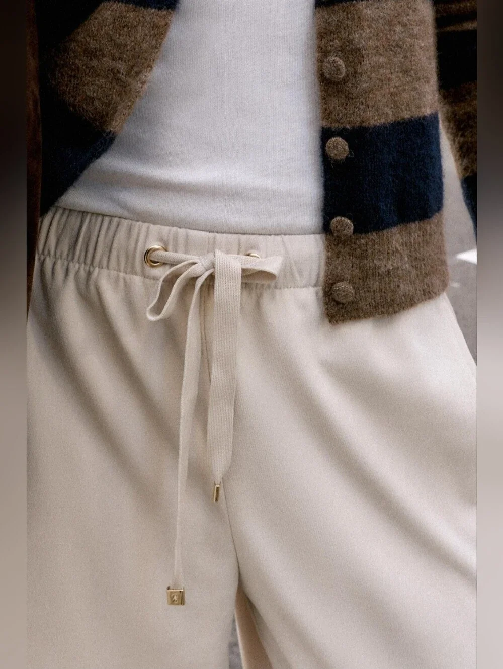 ZARA Beige Linen Blend Wide Leg Pants Drawstock Elastic Waist Cream XS (fit S)